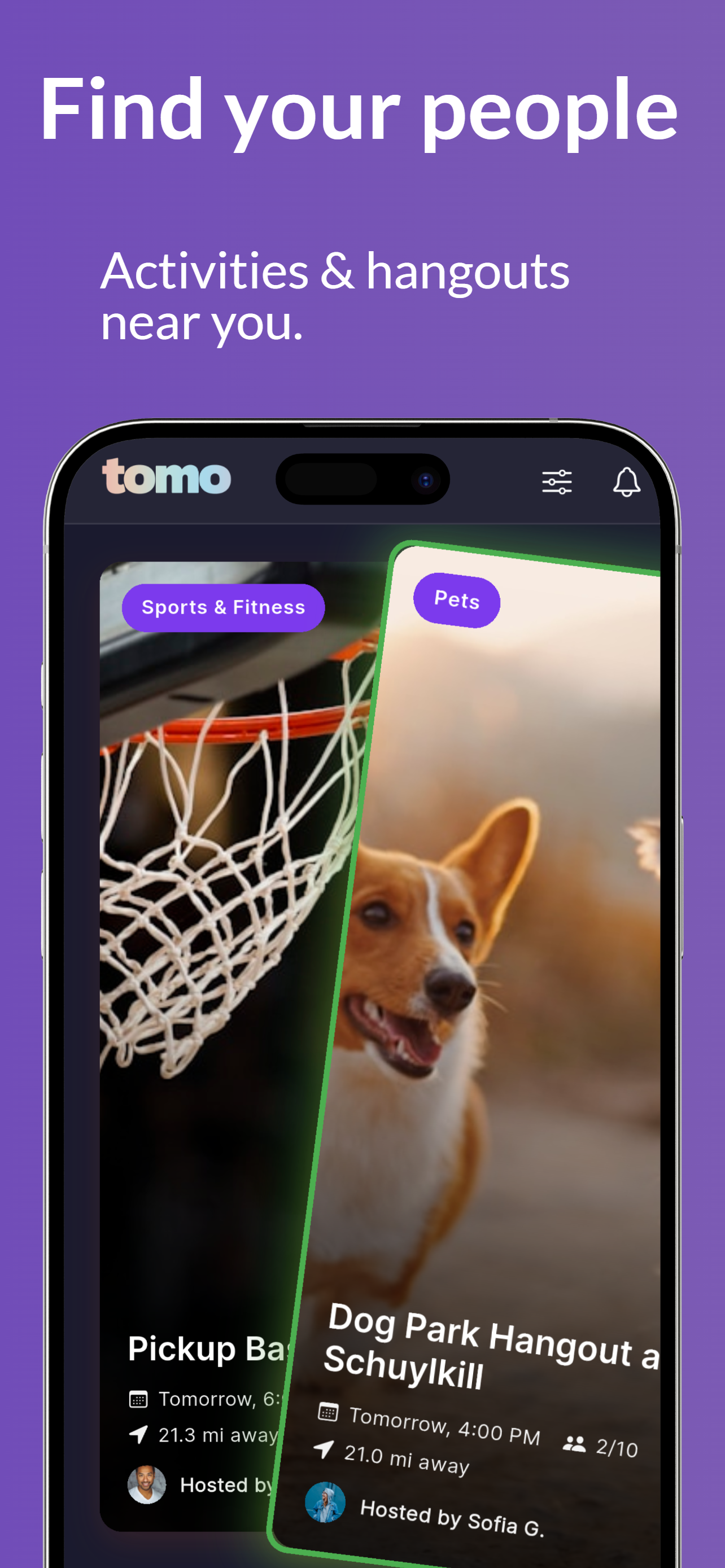 Tomo discover screen showing nearby activities